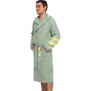 Açık Yeşil - Sarı Çizgili %100 Organik Pamuk Unisex Fitty Bornoz/Sabahlık S-M