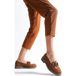 Kaymaz Taban Süet Klasik Model Zincir Detaylı Bayan Oxfort Ayakkabı