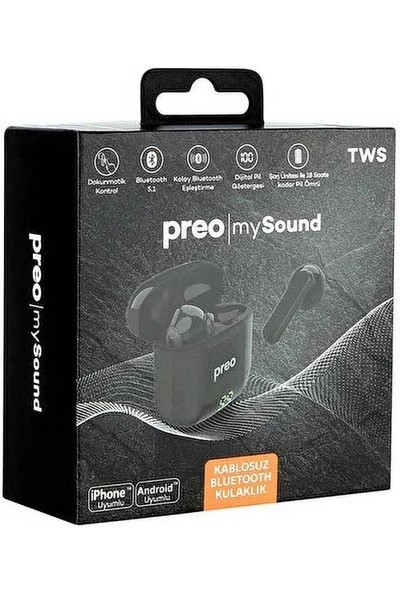 Preo My Sound MS36 Dokunmatik Kontrol LED Güç Göstergeli Bluetooth 5.1 Tws Gerçek Kablosuz Kulaklık Siyah