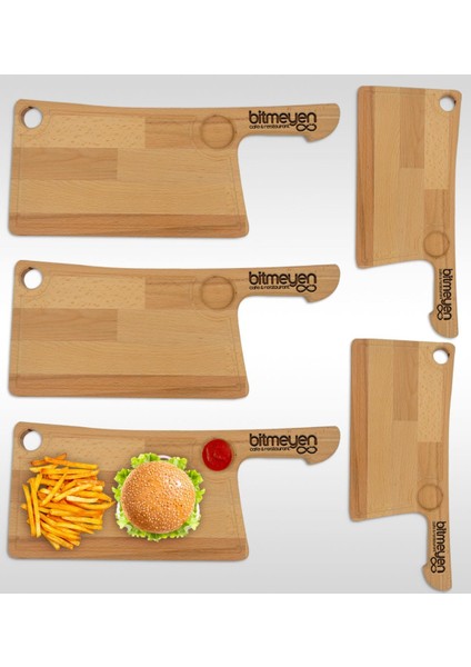 Restoran & Cafe & Barlara Özel Satır Tasarımlı Doğal Masif Ahşap Yemek Sunum Tabağı – 5 Adet