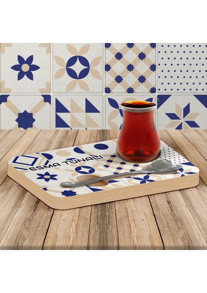 Kişiye Özel Çini Motifli Kalp Kaşıklı Ahşap Çay Sunum Tabağı - 10