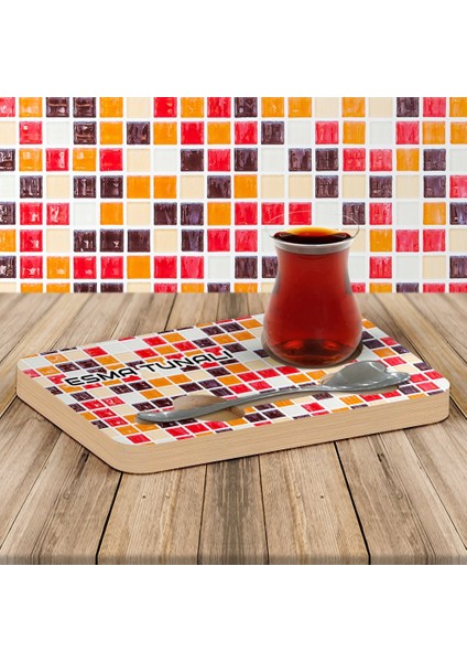 Kişiye Özel Çini Motifli Kalp Kaşıklı Ahşap Çay Sunum Tabağı - 4