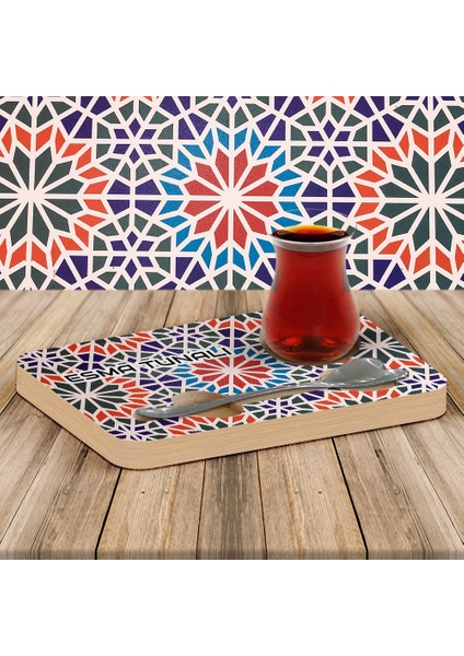 Kişiye Özel Çini Motifli Kalp Kaşıklı Ahşap Çay Sunum Tabağı - 1