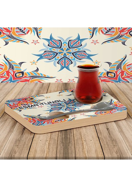 Kişiye Özel Çini Motifli Kalp Kaşıklı Ahşap Çay Sunum Tabağı - 3