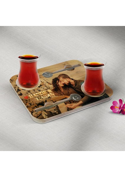 Kişiye Özel Resimli 2'li Smile Kaşıklı Ahşap Çay Sunum Seti