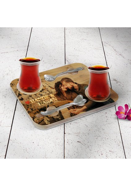 Kişiye Özel Resimli 2'li Kalp Kaşıklı Ahşap Çay Sunum Seti