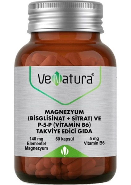 Venatura Magnezyum (Bisglisinat+Sitrat) ve P5P (Vitamin B6) 60 Kapsül