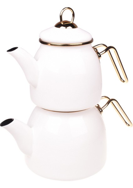 Emaye Çaydanlık Takımı Beyaz-Gold