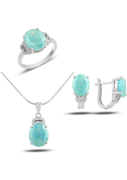 Turkuaz Işıltı Taşlı Üçlü Set fırsatları