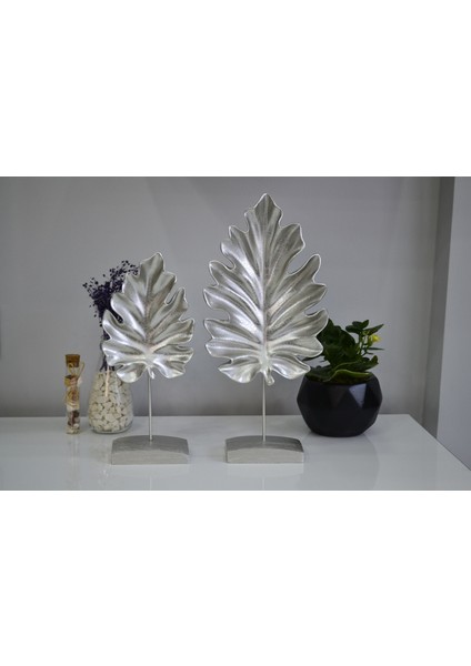 Polyester Çınar Yaprağı Biblo, Hediyelik, Dekoratif Aksesuar, Gümüş (Silver), 2'li Set