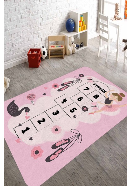 Dijital Baskılı Kaymaz Taban Yıkanabilir Eğlenceli Seksek Oyunlu Pembe Çocuk Odası HALISI-D9038