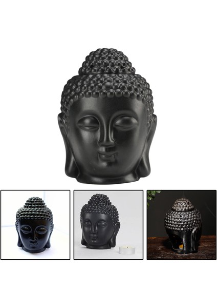 F Fityle Seramik Buda Kafa Heykeli Uçucu Yağ Brülör Tealight Tutucu Mum Tütsü Buhurluk Aromaterapi Meditasyon Yoga Ev Dekor Hediye - Siyah modelleri