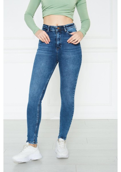 Kadın Mavi Yüksek Bel Skinny Fit Jean