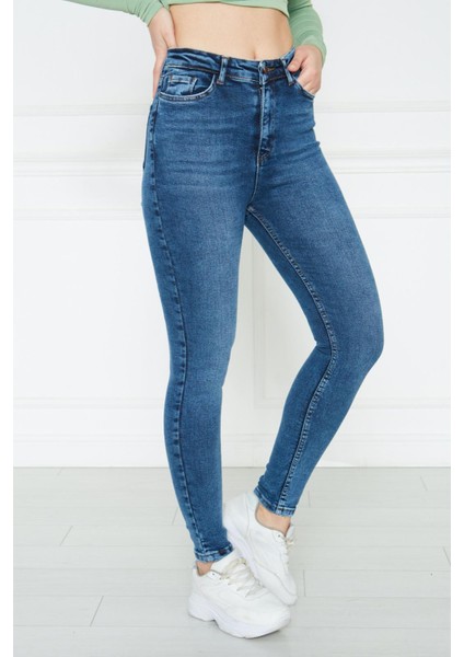 Kadın Mavi Yüksek Bel Skinny Fit Jean