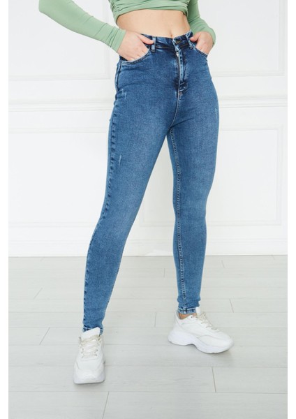 Kadın Mavi Yüksek Bel Skinny Fit Jean