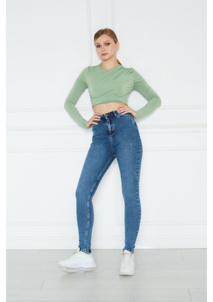 Kadın Mavi Yüksek Bel Skinny Fit Jean