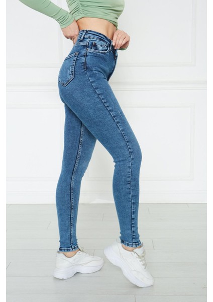 Kadın Mavi Yüksek Bel Skinny Fit Jean