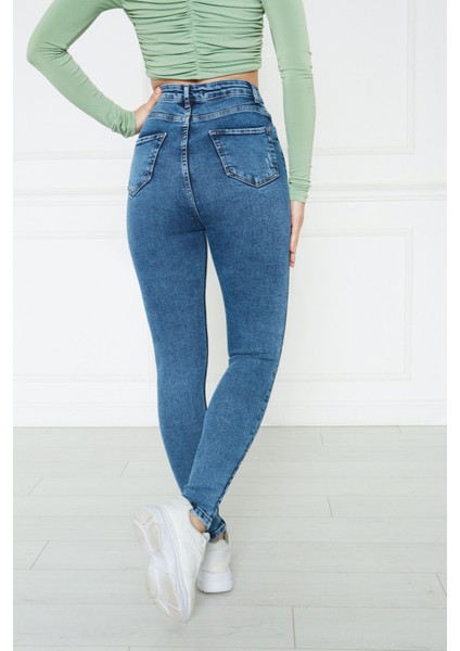 Kadın Mavi Yüksek Bel Skinny Fit Jean