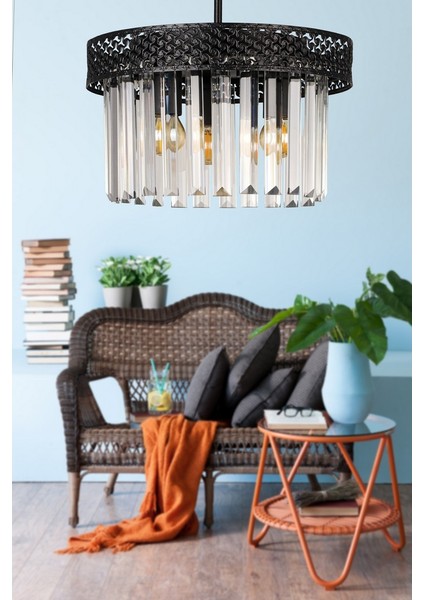 Şeritli Kristal 3.lü Siyah Taşlı Avize