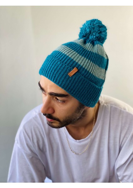 Ponponlu Unisex Çizgili Bere Kadın Mavi modelleri