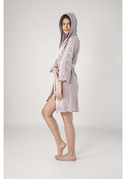 Antrasit Kısa Kapüşonlu Brode Dantel Niki Kadife Bambu Pamuklu Bayan Sabahlık fiyatları