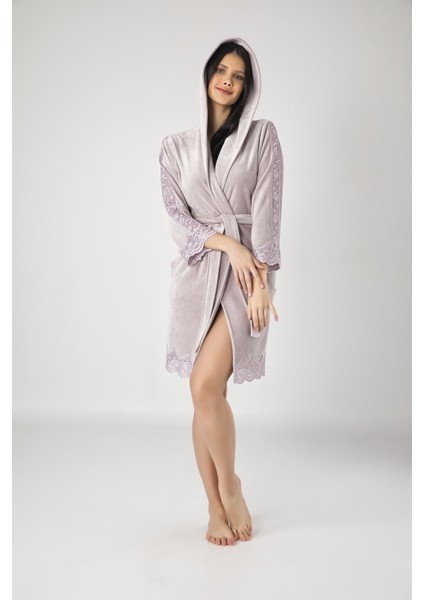 Antrasit Kısa Kapüşonlu Brode Dantel Niki Kadife Bambu Pamuklu Bayan Sabahlık indirimleri