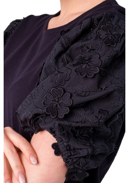 Güpür Dantel Yonca Çiçekli Kol T-Shirt Bluz indirimleri