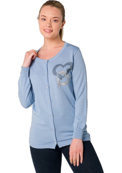 Mavi Kalp Kristal Detaylı Hırka