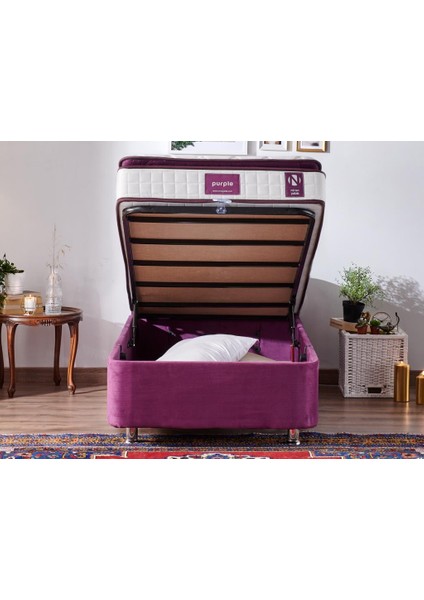 Niron Purple Baza ve Başlık Seti 80x180 cm Tek Kişilik Sandıklı Mor Kumaş Metal Profil Baza ve Başlığı