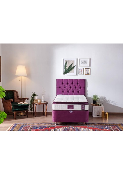 Niron Purple Yatak Seti 80x180 cm Tek Kişilik Yatak Baza Başlık Takımı - Orta Sert Kuş Tüyü Yatak Mor Baza ve Başlığı