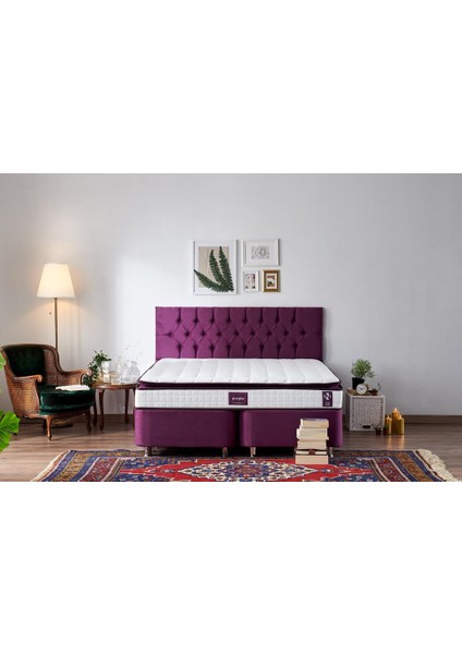 Niron Purple Yatak Seti 140x190 cm Çift Kişilik Yatak Baza Başlık Takımı - Orta Sert Kuş Tüyü Yatak Mor Baza ve Başlığı