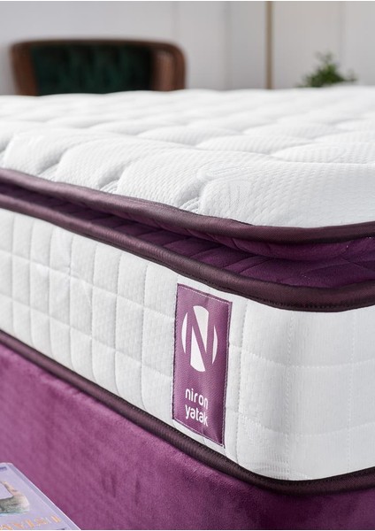 Niron Purple Yatak Seti 140x190 cm Çift Kişilik Yatak Baza Başlık Takımı - Orta Sert Kuş Tüyü Yatak Mor Baza ve Başlığı