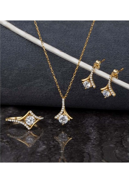 Tek Taş Pırlanta Montür Gümüş 3lü Takı Seti