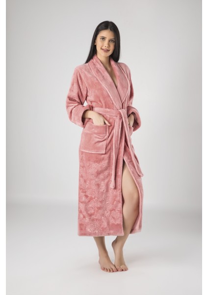 Krem Eteği Kolu Jakarlı Bambo Cotton Bayan Bornozu