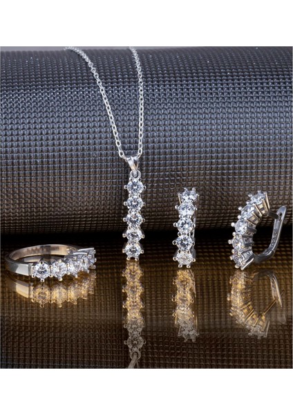 Elmas Modeli Beş Taş Gümüş Takı Seti - Else Silver - Rodyum Kaplama - 12 - ADS2179-8280