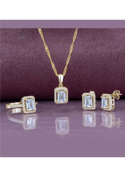 Singapur Zincirli Baget Taşlı Gümüş Takı Seti - Altın Kaplama - 19 - ADS2534-8019