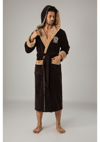 Krem Kapüşonlu Sports Nakışlı Bambupamuklu Erkek Bornozu