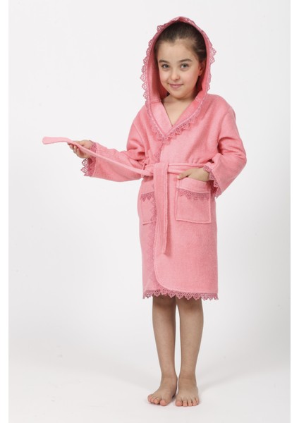 Pudra Brodeli Bukle Pamuklu Çocuk Bornozu