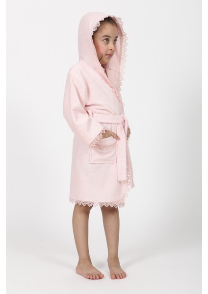 Pudra Brodeli Bukle Pamuklu Çocuk Bornozu