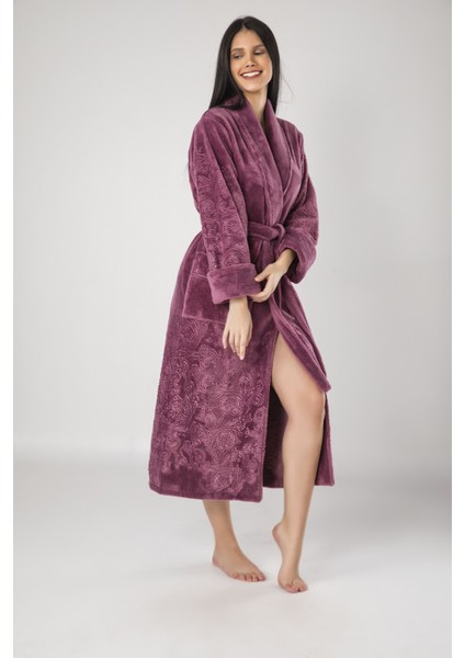 Krem Eteği Kolu Jakarlı Bambo Cotton Bayan Bornozu