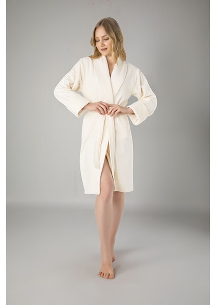 Pudra Eteği Jakarlı Bambo Cotton Bayan Bornoz