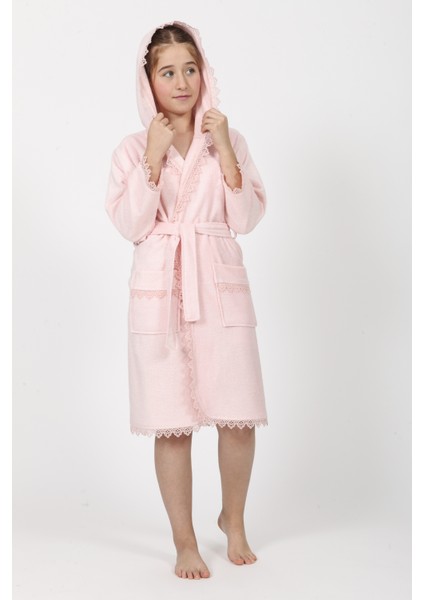 Pudra Brodeli Bukle Pamuklu Genç Bornozu