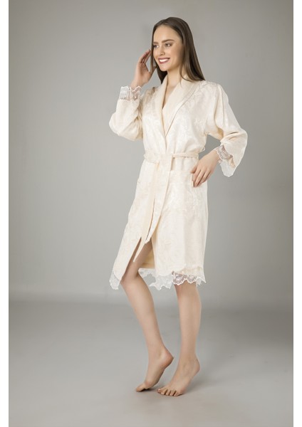 Lacivert Saten Bukle Bambu Cotton Bayan Bornozu