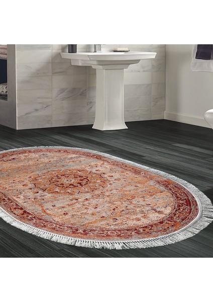 Eko Trend Djt Banyo Paspası Yıkanabilir Kaymaz Taban P1356 Oval Vintage Kırmızı