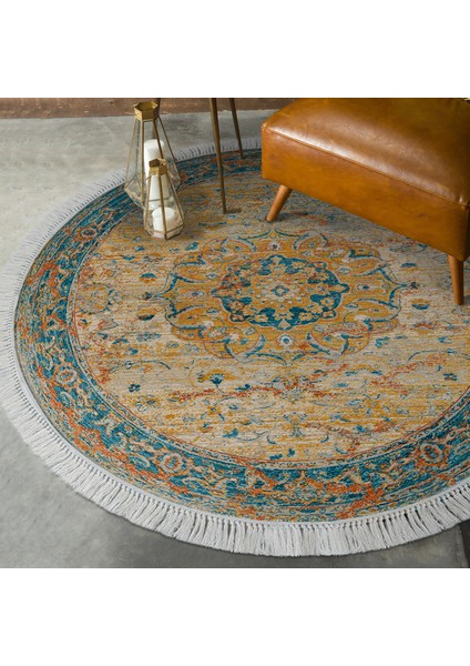 Eko Trend Djt Haı Yıkanabilir Kaymaz Taban P1356 Yuvarlak Vintage Turkuaz