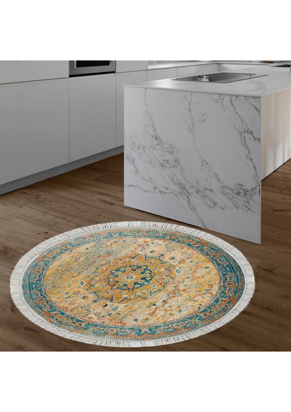 Eko Trend Djt Haı Yıkanabilir Kaymaz Taban P1356 Yuvarlak Vintage Turkuaz