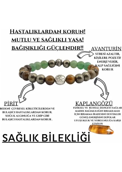 Sağlık & Şifa Doğal Taş Tılsım Bilekliği Pirit Aventurin Kaplangözü