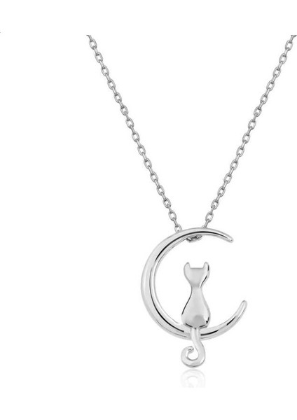 Hilal Kedi 925 Ayar Gümüş Kolye