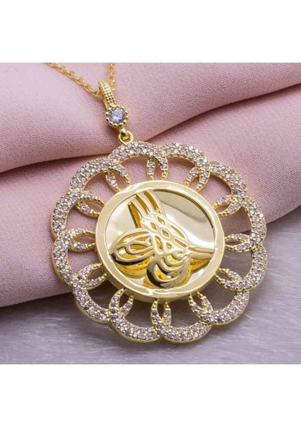 925 Ayar Gümüş Altın Kaplama Tuğralı Yuvarlak Kolye