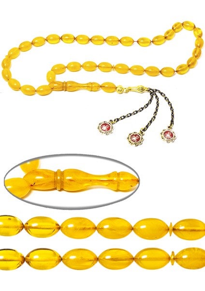 Sarı Renkli Beyzi Kesim Mineli Püsküllü Sıkma Kehribar Tesbih